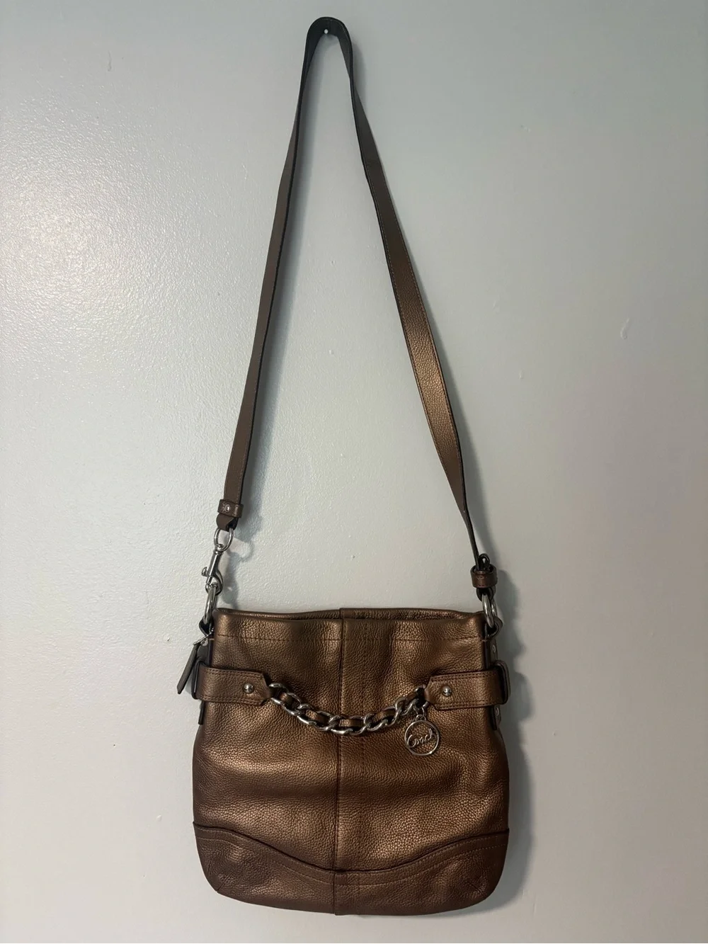 Coach Metallic Bronze Leather Shoulder Bag with Silver Chain